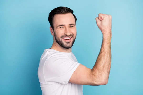 Perfil Lado Ver Retrato Atractivo Alegre Chico Celebrando Éxito Aislado — Foto de Stock