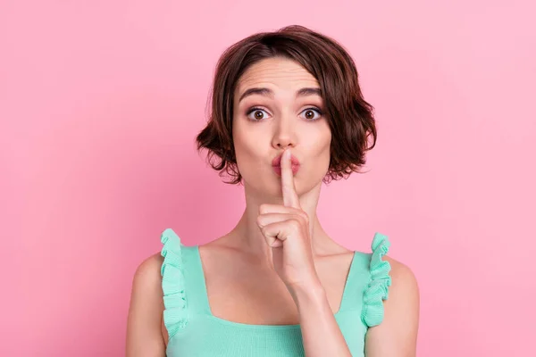 Portrait Attractive Suspicious Cautious Girl Showing Shh Sign Isolated Pink — Stock Photo, Image