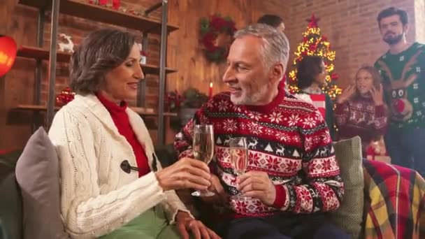 Zoom-out sinema aile toplantısı ev dekorasyonlu Noel partisinin tadını çıkarın — Stok video