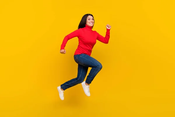 stock image Full body profile portrait of carefree cheerful person running have good mood isolated on yellow color background