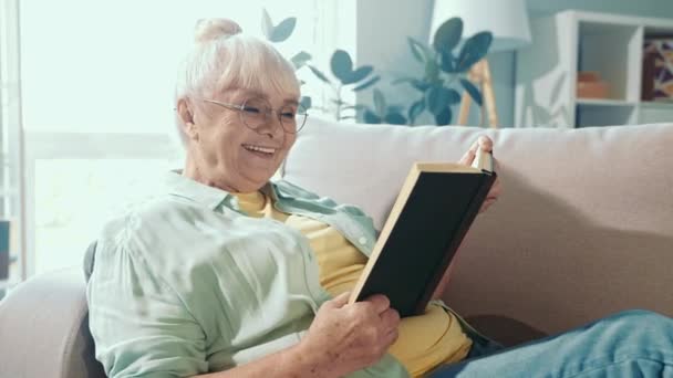 Felice positivo nonna sedersi divano letto libro interessante — Video Stock
