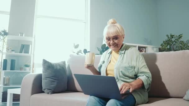 Vrolijke oma zitten sofa genieten koffie hebben remote video oproep pc wave hand webcam — Stockvideo