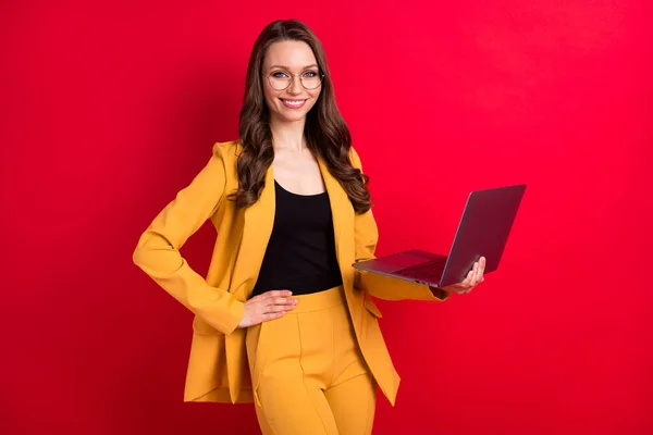 Ritratto di attraente signora allegra utilizzando laptop società di e-commerce isolato su sfondo di colore rosso brillante — Foto Stock