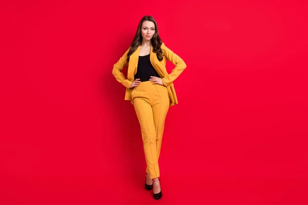 Foto de brilhante encantador jovem senhora vestida amarelo blazer braços cintura sorrindo isolado cor vermelha fundo — Fotografia de Stock