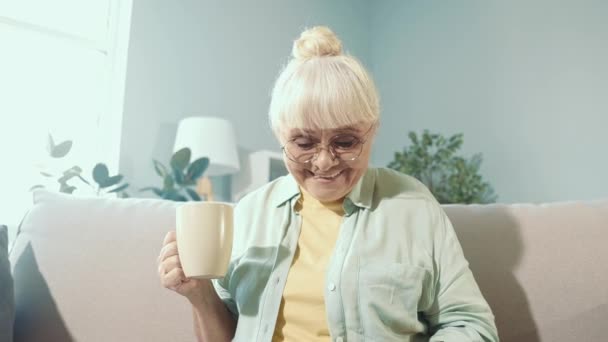 Olumlu büyükanne internet satışlarını arıyor. İnternetten kahve içiyor. — Stok video