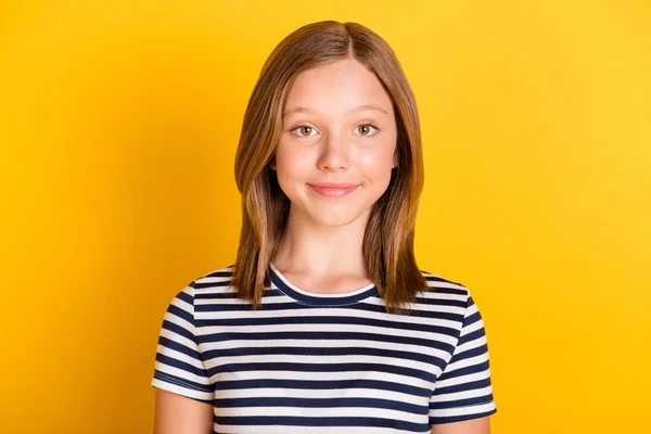 Photo of satisfied school person smile look camera wear striped outfit isolated on yellow color background — Stock Photo, Image