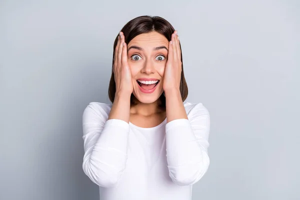 Photo of cool bob hairdo millennial lady arms head wear white shirt isolated on grey color background — Stock Photo, Image