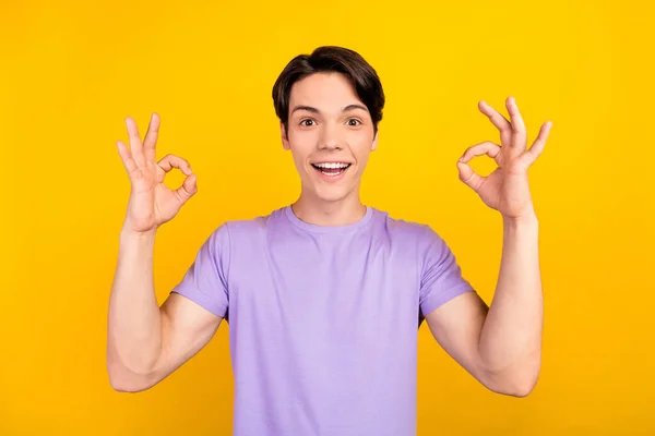 Foto di stupito ragazzo promotore scioccato mostrano due segni okey indossare viola t-shirt isolato colore giallo sfondo — Foto Stock