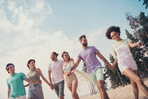 Zdjęcie sześciu zabawnych przyjaciół marzeń grupa ludzi trzymać się za ręce spacer nosić casual strój natura lato nadmorska plaża — Zdjęcie stockowe