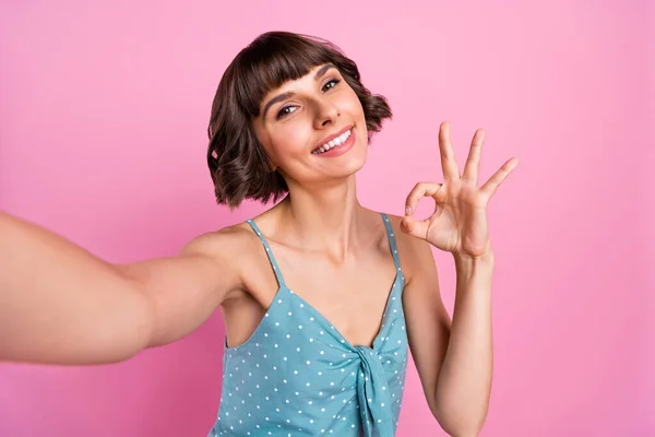 Autorretrato de atractiva chica de pelo castaño alegre mostrando ok-signo aislado sobre fondo de color pastel rosa — Foto de Stock