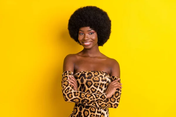 Foto av ganska söt mörk hud kvinna klädd leopard outfit leende armar korsade isolerad gul färg bakgrund — Stockfoto