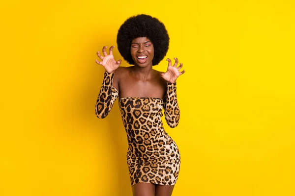Портрет привлекательной сумасшедшей игривой девушки, царапающейся, как рев кошки, изолированный на ярко-желтом фоне — стоковое фото