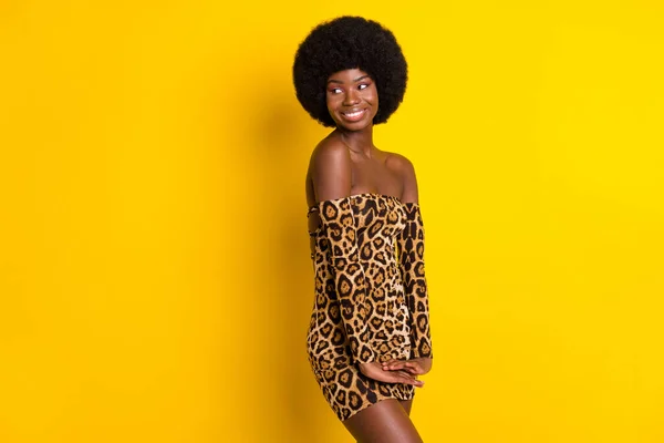 Foto retrato mujer usando vestido de leopardo sonriendo buscando copyspace aislado color amarillo brillante fondo — Foto de Stock