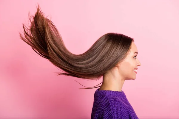 楽観的な女の子の髪のプロフィール写真アップは、パステルピンクの色の背景に隔離されたライラックセーターを着用 — ストック写真