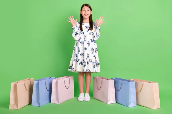 Helkroppsfoto av upphetsad skolbarn flicka stå paket njuta lågt pris detaljhandeln isolerad över grön färg bakgrund — Stockfoto