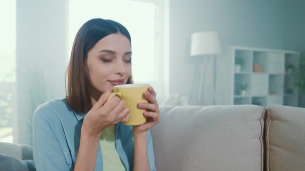 Lady sitta divan dryck kakao föreställa inspiration i modern interiör platt — Stockvideo