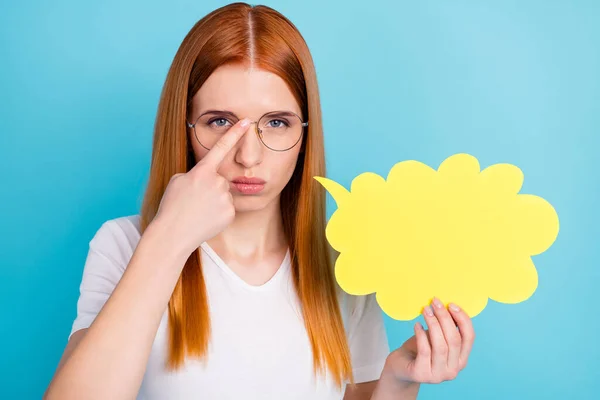 Photo of young girl finger fix glasses serious cloud bubble speech think isolated over blue color background — Stock Photo, Image