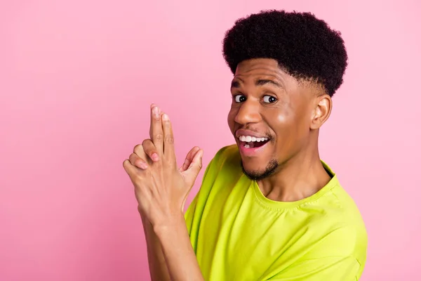 Adatlap side photo of young black guy happy positive smile show fingers gun sign isolated over pink color background — Stock Fotó