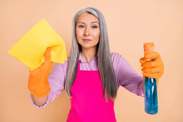 Portrait of attractive skilled gray-haired woman wping window equipment isolated over beige pastel color background — Stockfoto