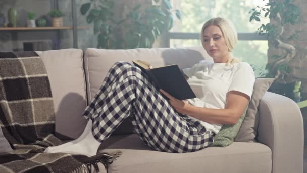 Mooie leuke droom dame zitten comfortabele bank studeren thuis — Stockvideo