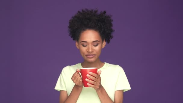 Sonhador senhora bebida americano cheiro isolado cor roxa fundo — Vídeo de Stock