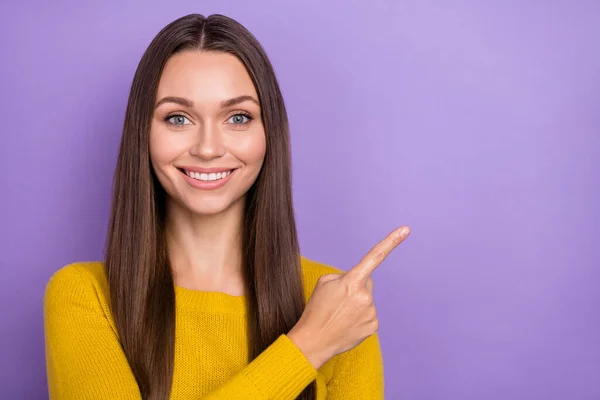 Photo of young pretty lady point finger empty space promo direct proposition isolated over violet color background — Stock Photo, Image