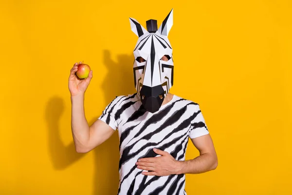 Foto di ragazzo in incognito in maschera zebra consigliare mangiare mela matura buona digestione del benessere stomaco isolato su sfondo di colore giallo — Foto Stock