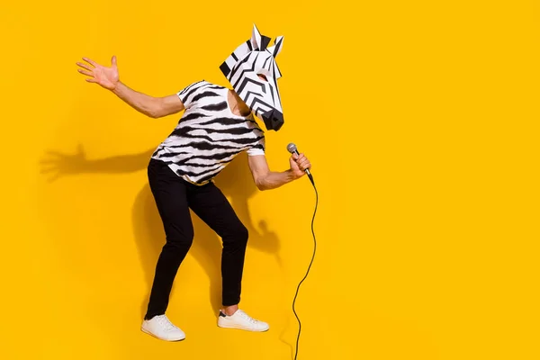Foto em tamanho completo de roqueiro cara autêntico bizarro em zebra máscara cantar canção microfone isolado sobre fundo de cor amarelo brilhante — Fotografia de Stock