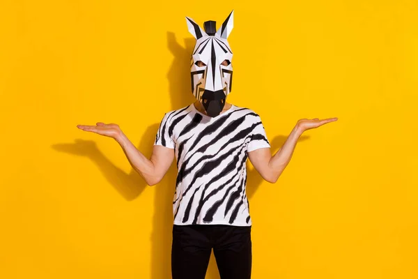 Foto von bizarren authentischen Zebra Charakter Kerl halten Hand demonstrieren Verkauf Rabatt isoliert über Glanz gelbe Farbe Hintergrund — Stockfoto