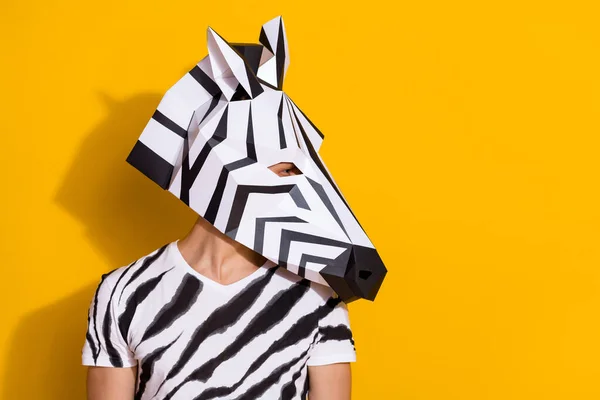 Foto di uomo sicuro funky indossare zebra maschera di stampa t-shirt cercando spazio vuoto isolato colore giallo sfondo — Foto Stock