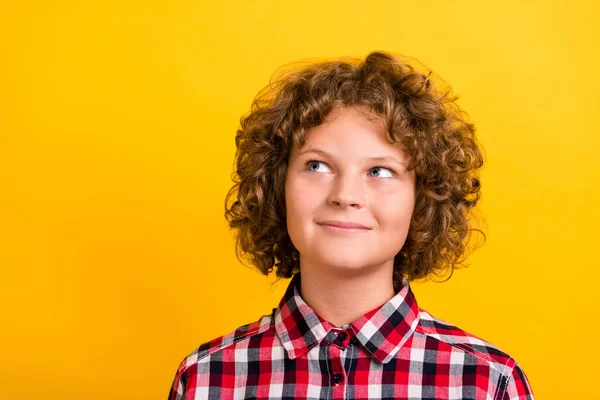 Foto de bom gengibre penteado adolescente menino olhar espaço vazio desgaste camisa xadrez vermelho isolado no fundo de cor amarela — Fotografia de Stock