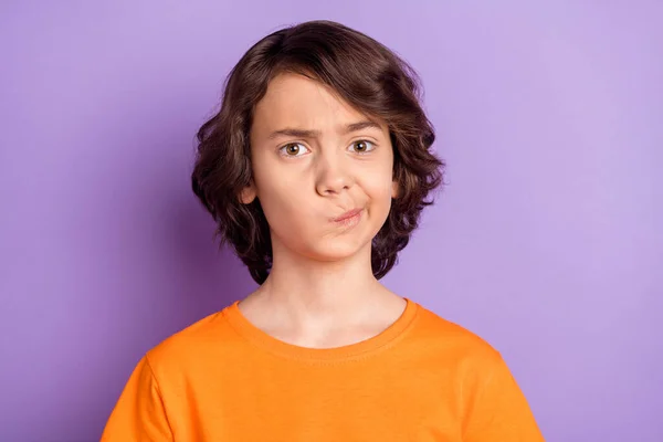 Portrait of nice unsure boy creating solution overthinking smirk isolated over violet purple color background — Stock Photo, Image