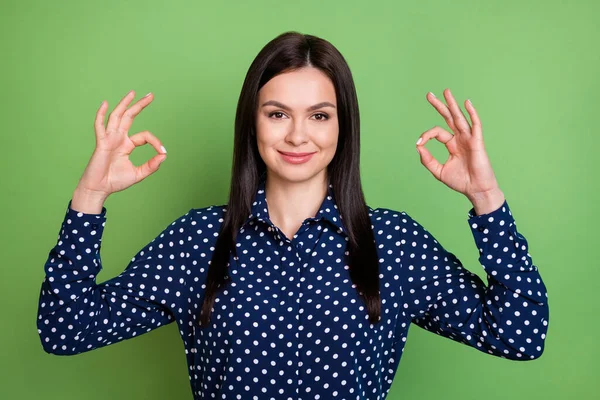 Foto de encantadora jovem alegre fazer dedos ok sinais recomendar isolado no fundo de cor verde — Fotografia de Stock