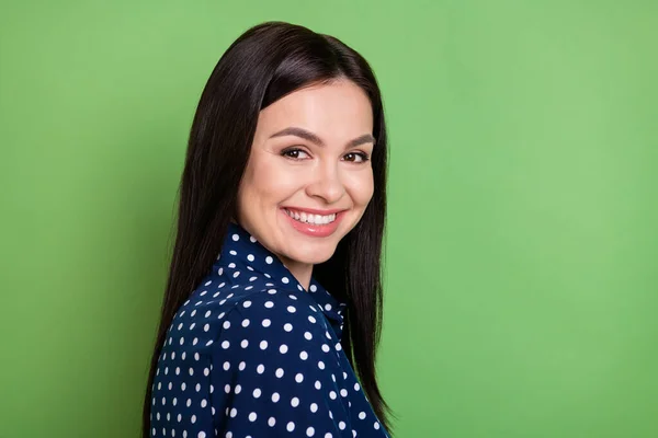 Profile photo of cool brunette hairdo ceo lady wear blue shirt isolated on green color background — Stock Photo, Image