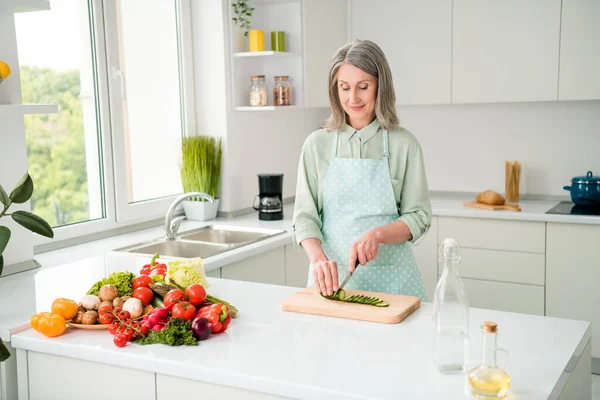 집에서 저녁 식사를 준비하고 있는 백발의 여성 이 휘황찬란 한 실내에서 음식을 만들고 있는 모습 — 스톡 사진