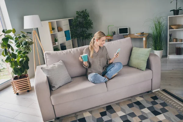 Полная длина фото позитивной современной леди сидеть диван использовать приложение смартфон держать чашку какао читать новости карантина в квартире комнате — стоковое фото