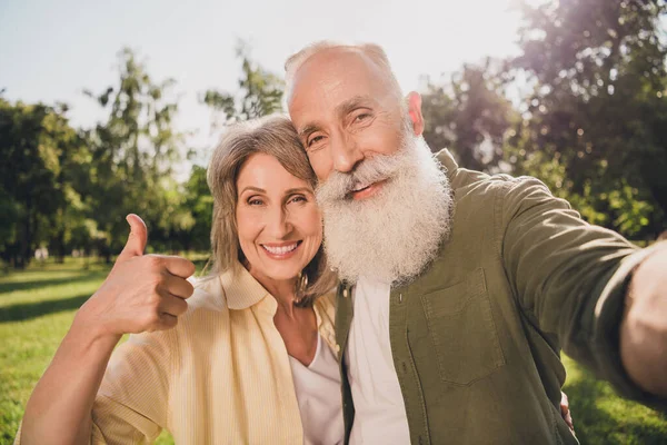 Foto de alegre canoso jubilado jubilado feliz pensionista pareja hacer pulgar hacia arriba selfie fuera al aire libre en el parque —  Fotos de Stock