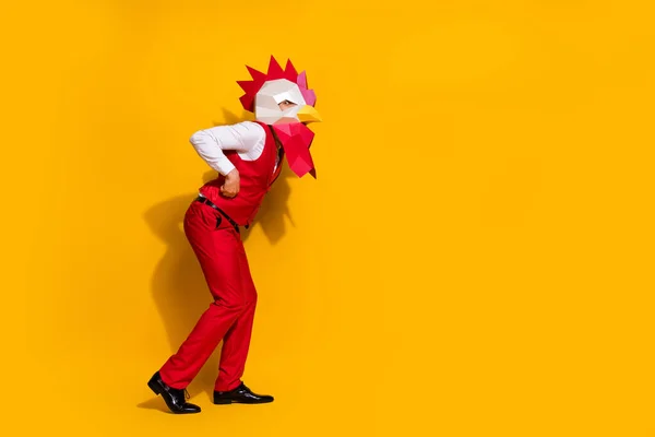 Zdjęcie szalony facet zabawny karnawał dać absurd wydajność nosić kogut maska czerwony garnitur odizolowany żółty kolor tło — Zdjęcie stockowe