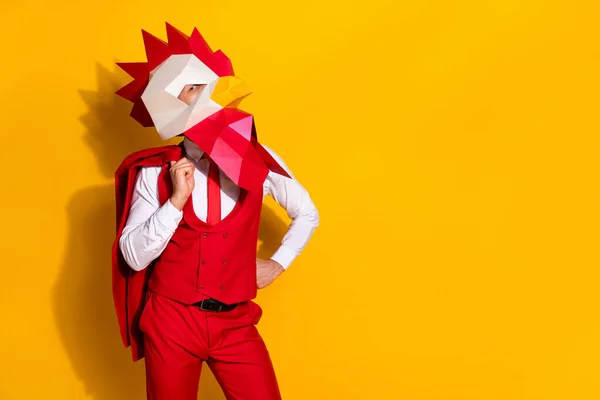 Çılgın gerçeküstü adamın fotoğrafı ceketini hazırla karnaval kıyafetini hazırla horoz maskesi giy kırmızı takım elbise izole edilmiş sarı arka plan — Stok fotoğraf
