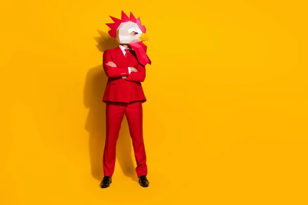 Foto van charismatische ongewone werknemer gekruiste armen dragen haan masker rood smoking geïsoleerde gele kleur achtergrond — Stockfoto
