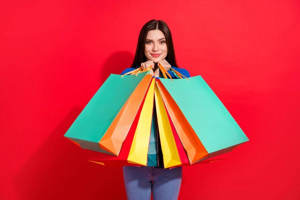 Foto van schattige jonge mooie charmante vrouw houd handtassen verkoop winkel geïsoleerd op rode kleur achtergrond — Stockfoto