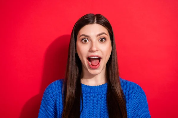 Foto ritratto bruna indossa maglione blu fissando stupito con la bocca aperta isolato su vibrante sfondo di colore rosso — Foto Stock