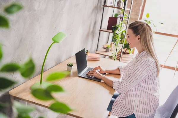 Profiel zijkant foto van volwassen mooie dame typen brief laptop workshop econoom financier afstand binnen — Stockfoto