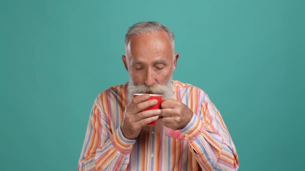 Homem envelhecido beber latte sabor inspirado isolado aquamarine cor fundo — Vídeo de Stock