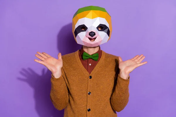 Photo of young man impressed mardi gras event creative reaction red panda isolated over purple color background — Stock Photo, Image