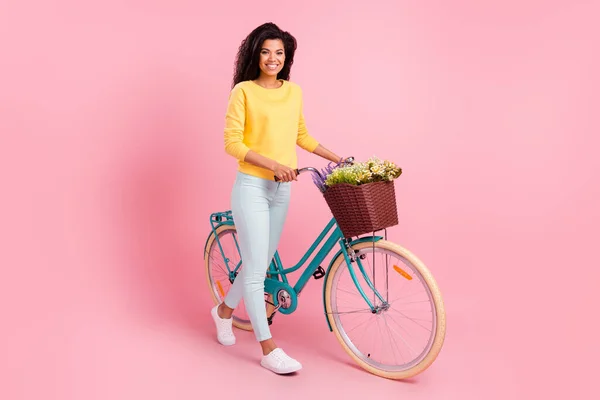 Full length body size view of pretty cheerful girl walking bike spring free time isolated over pastel pink color background — Stockfoto