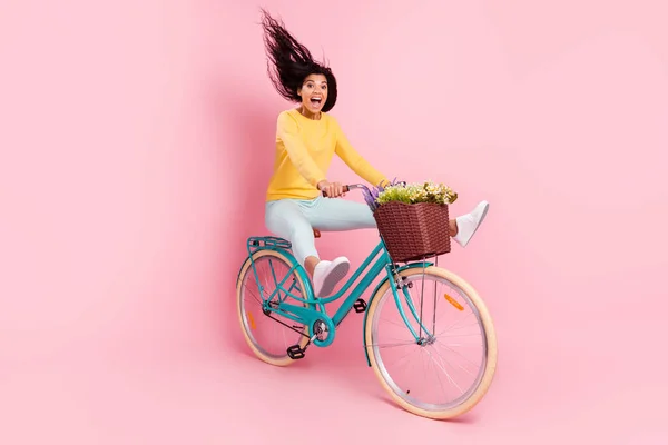 Retrato de agradável louco espantado engraçado alegre menina andar de bicicleta enganando se divertindo isolado sobre pastel cor-de-rosa fundo — Fotografia de Stock