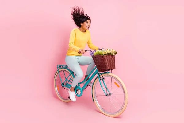 Retrato de encantador surpreendido engraçado menina alegre andar de bicicleta velocidade rápida isolado sobre pastel cor-de-rosa fundo — Fotografia de Stock