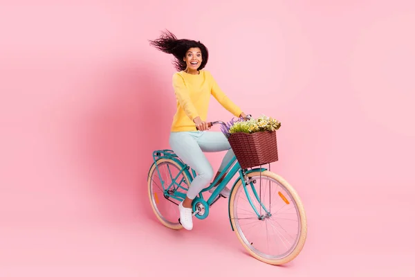 Retrato de muito espantado engraçado menina alegre andar de bicicleta se divertindo velocidade rápida isolado sobre pastel cor-de-rosa fundo — Fotografia de Stock