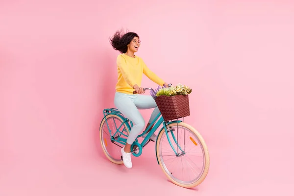 かなり陽気な女の子の肖像自転車に乗って楽しい速い動きを持っていますパステルピンクの色の背景に孤立 — ストック写真